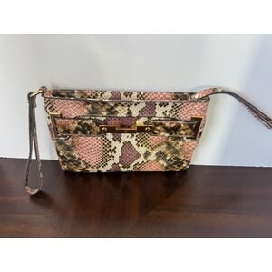 Pink Faux Snakeskin Clutch Wristlet Gold Bar Hardware Evening Bag 10 in
